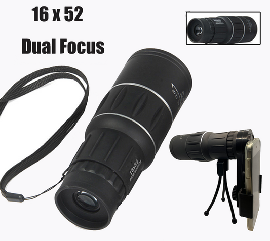 Dual Focus 16x52 Monocular Spotting Scope With Universal Phone Mount