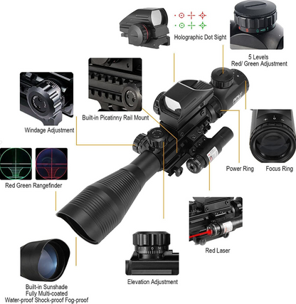 Rifle Scope 4-12x50 Rangefinder Reticle Scope with Laser Sight and Red Dot Sight